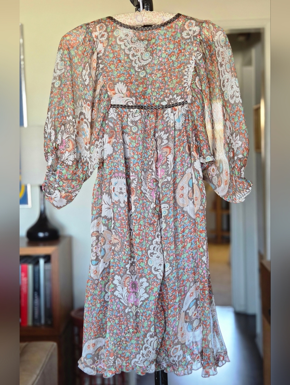 Lynn Adler Boho Floral Puff-Sleeve Silk Mini Dress - Picture 5 of 7